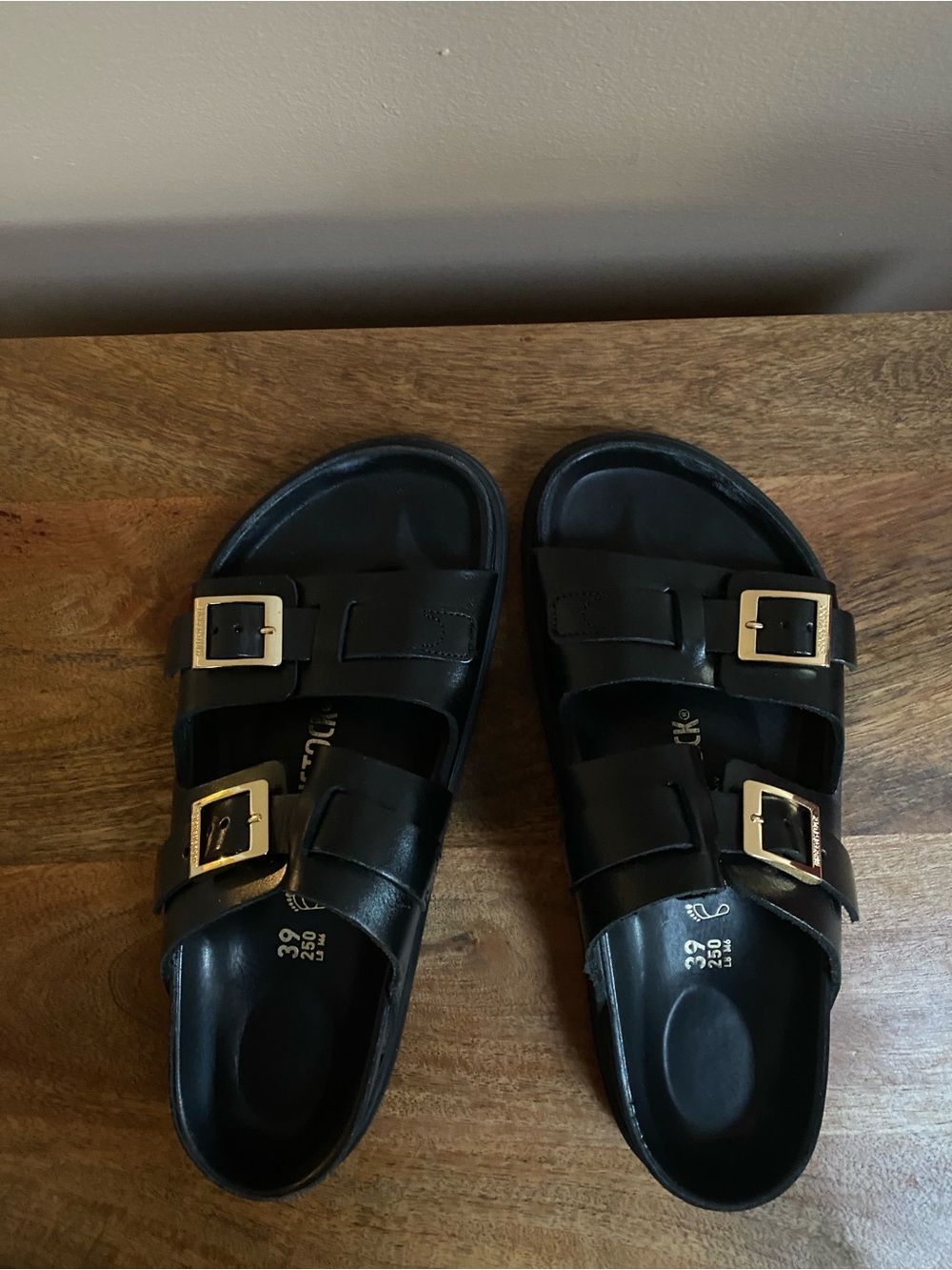 Birkenstock St Barths Black Leather Double Two-Strap Sandals with Gold Buckles - Picture 10 of 16